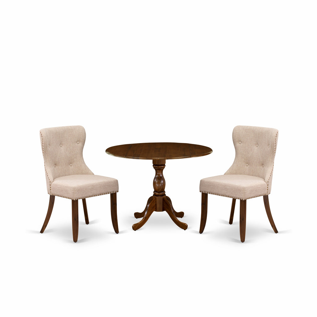 East West Furniture DMSI3-AWA-04 3 Piece Dinette Set for Small Spaces Contains a Round Dining Table with Dropleaf and 2 Light Tan Linen Fabric Upholstered Chairs, 42x42 Inch, Walnut