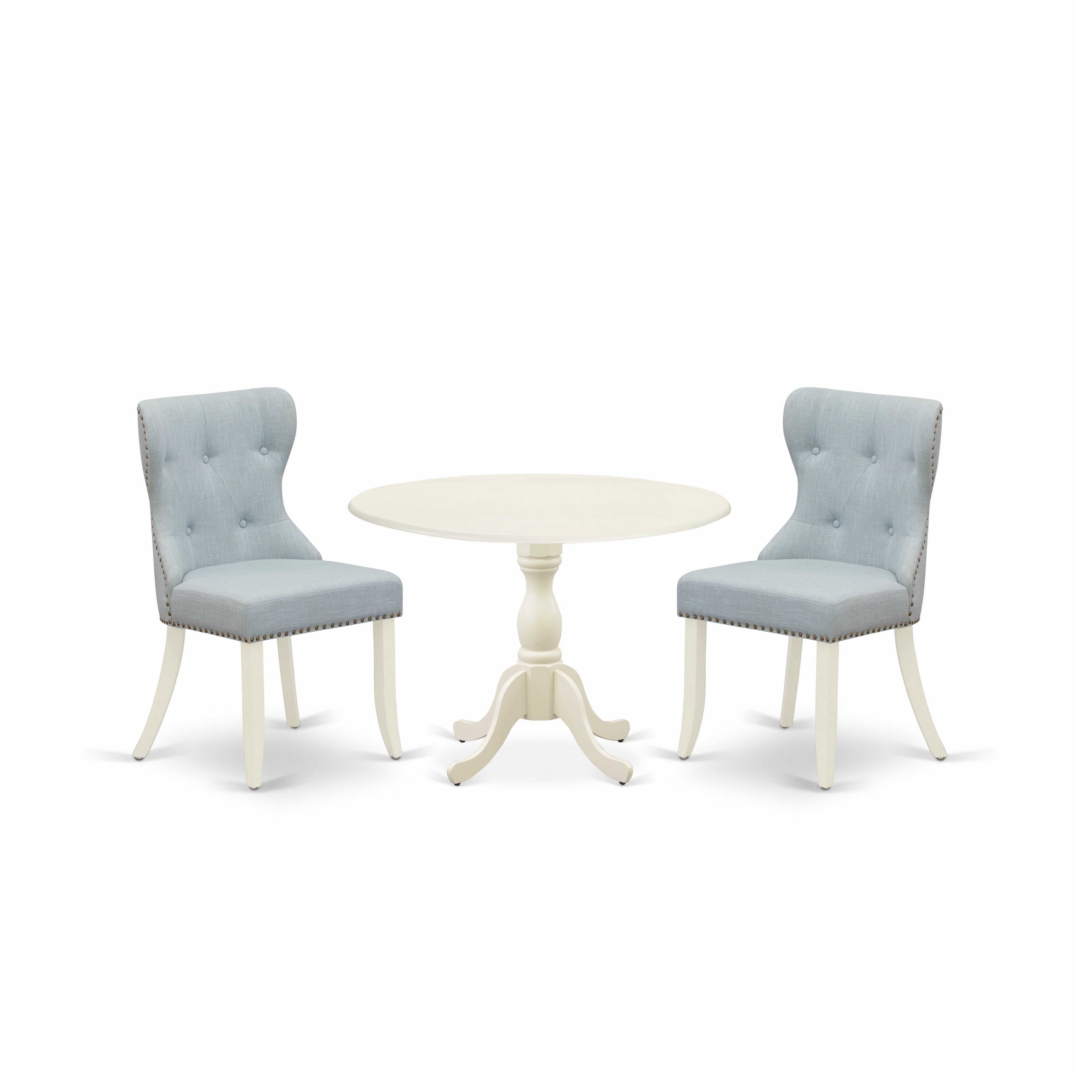 El juego de mesa de comedor de 3 piezas DMSI3-LWH-15 de East West Furniture incluye una mesa de comedor redonda con alas abatibles y dos sillas de cocina tapizadas en tela de lino azul bebé.