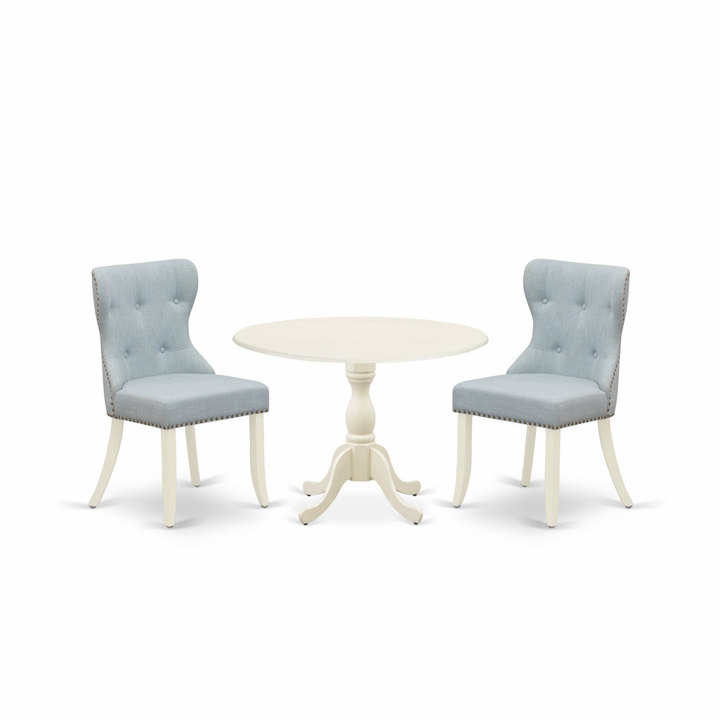 El juego de mesa de comedor de 3 piezas DMSI3-LWH-15 de East West Furniture incluye una mesa de comedor redonda con alas abatibles y dos sillas de cocina tapizadas en tela de lino azul bebé.