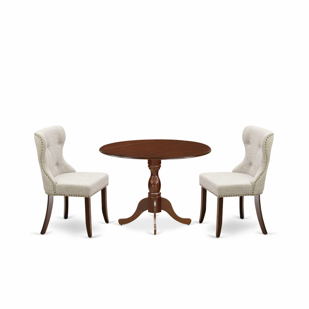 East West Furniture DMSI3-MAH-35 3 Piece Dinette Set for Small Spaces Contains a Round Dining Table with Dropleaf and 2 Doeskin Linen Fabric Parsons Dining Chairs