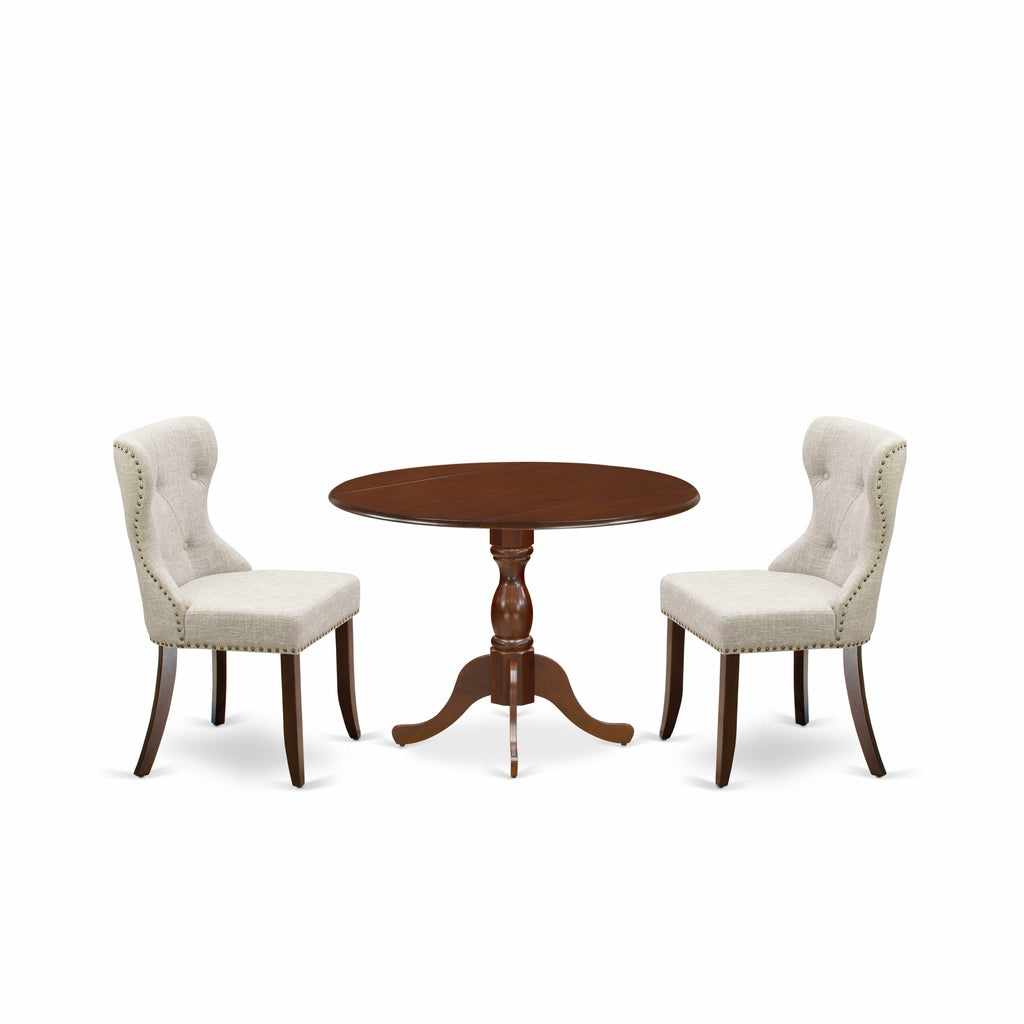 East West Furniture DMSI3-MAH-35 3 Piece Dinette Set for Small Spaces Contains a Round Dining Table with Dropleaf and 2 Doeskin Linen Fabric Parsons Dining Chairs, 42x42 Inch, Mahogany