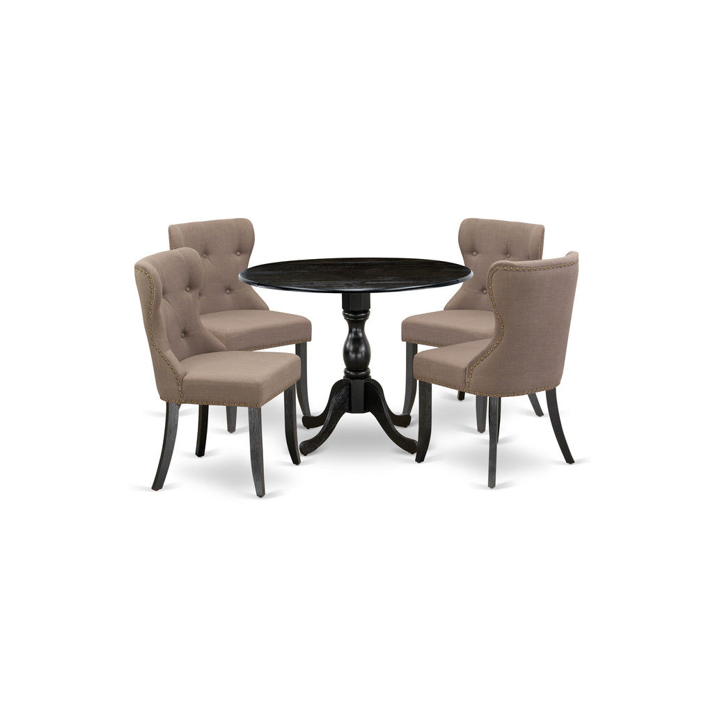 East West Furniture DMSI5-ABK-48 5 Piece Kitchen Table Set for 4 Includes a Round Dining Table with Dropleaf and 4 Coffee Linen Fabric Parson Dining Room Chairs