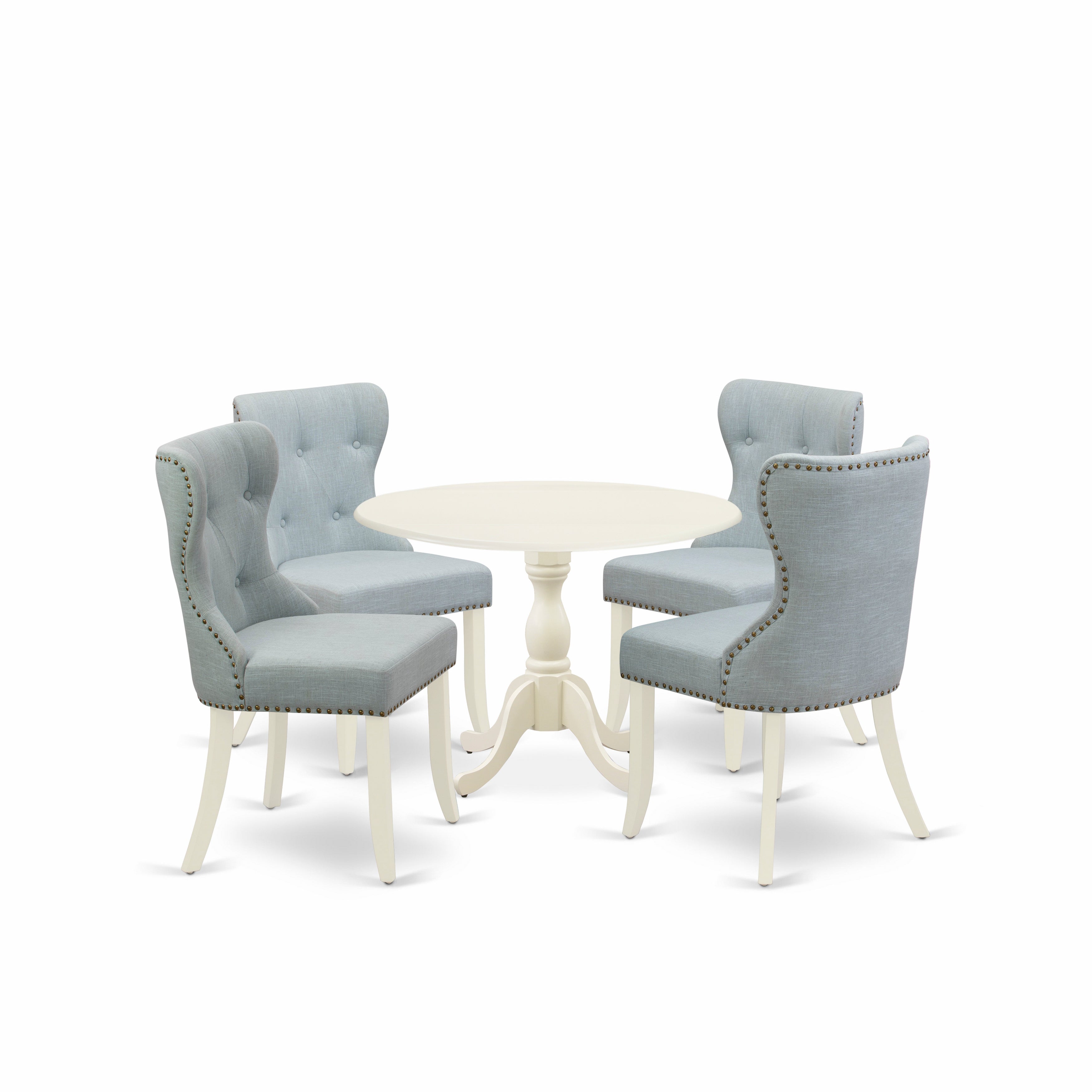 Juego de mesa de cocina de 5 piezas East West Furniture DMSI5-LWH-15 para 4 personas. Incluye una mesa de comedor redonda con alas abatibles y 4 sillas de comedor Parson de tela de lino azul bebé.