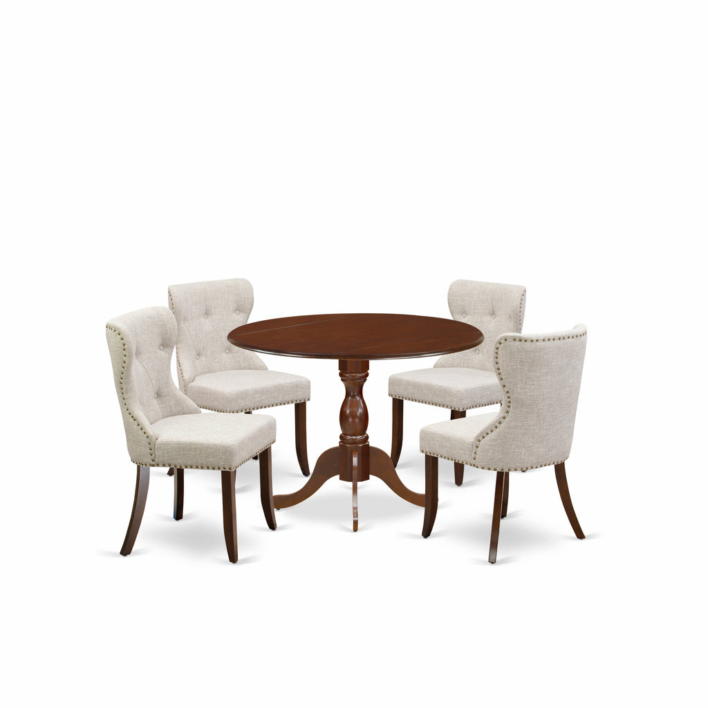 East West Furniture DMSI5-MAH-35 5 Piece Dinette Set for 4 Includes a Round Dining Room Table with Dropleaf and 4 Doeskin Linen Fabric Upholstered Parson Chairs