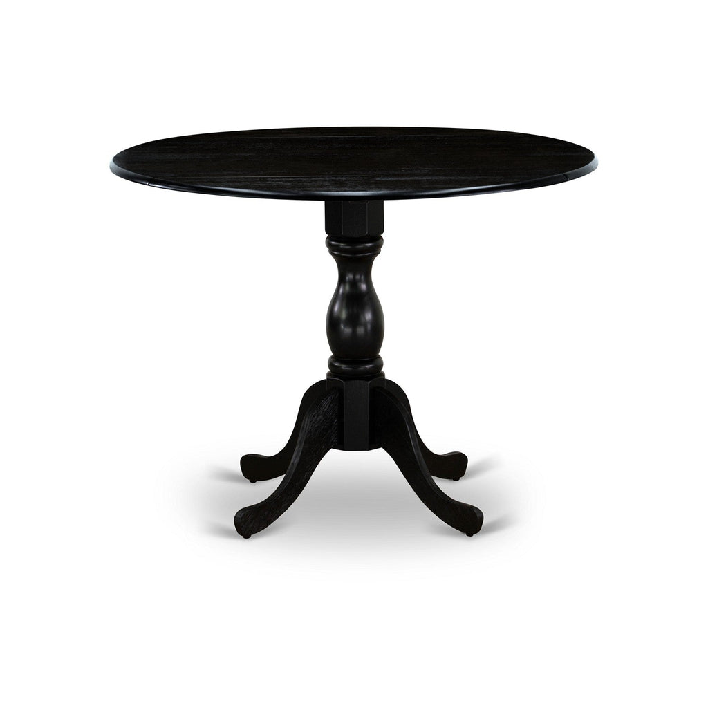 Juego de mesa y sillas de cocina de 5 piezas DMVA5-BLK-C de East West Furniture. Incluye una mesa de comedor redonda con alas abatibles y 4 sillas de comedor tapizadas en tela de lino.