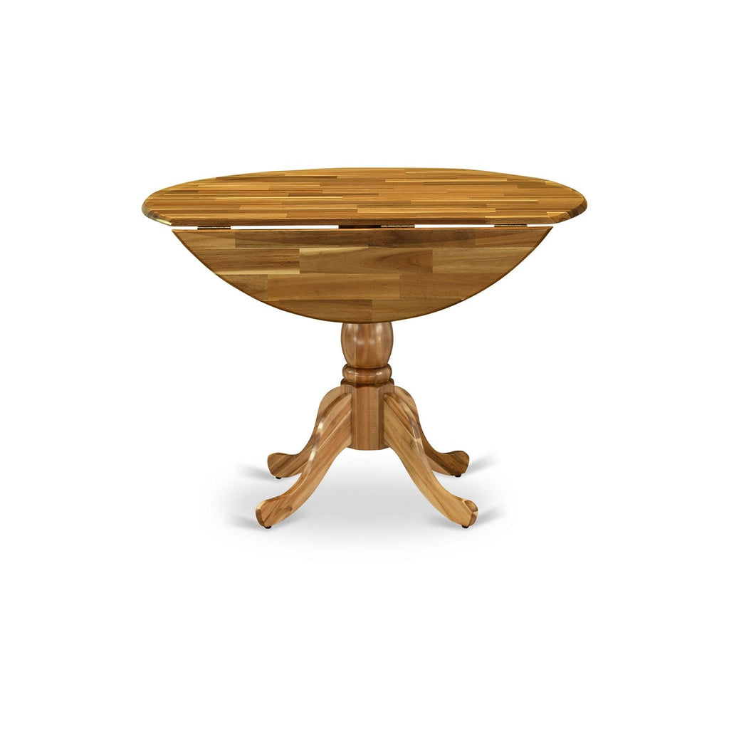 Mesa de comedor de cocina Dublin DMT-ANA-TP de East West Furniture: tablero redondo de madera con hojas abatibles y base de pedestal