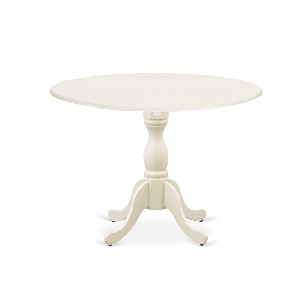 East West Furniture DMKE3-LWH-W 3 Piece Modern Dining Table Set Contains a Round Wooden Table with Dropleaf and 2 Kitchen Dining Chairs, 42x42 Inch, Linen White