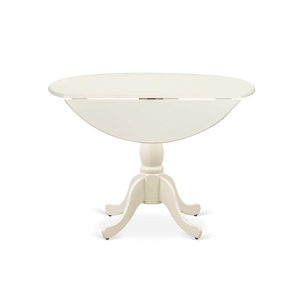East West Furniture DMAV3-LWH-W 3 Piece Dining Room Table Set  Contains a Round Dining Table with Dropleaf and 2 Wood Seat Chairs, 42x42 Inch, Linen White