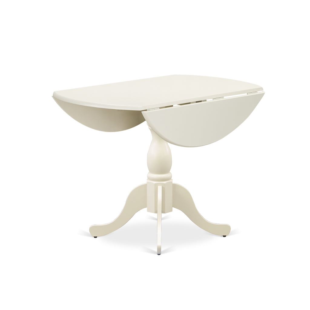 Juego de mesa de comedor East West Furniture DMAB5-LWH-02 de 5 piezas para 4 personas. Incluye una mesa de cocina redonda con alas abatibles y 4 sillas de comedor Parson de tela de lino beige claro.