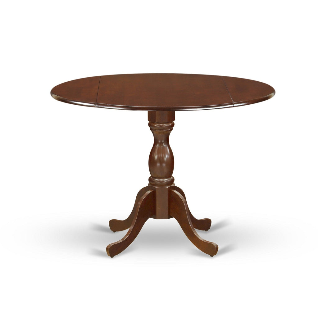 East West Furniture DMEN3-MAH-18 3 Piece Dining Room Table Set  Contains a Round Dining Table with Dropleaf and 2 Dark Coffee Linen Fabric Upholstered Chairs