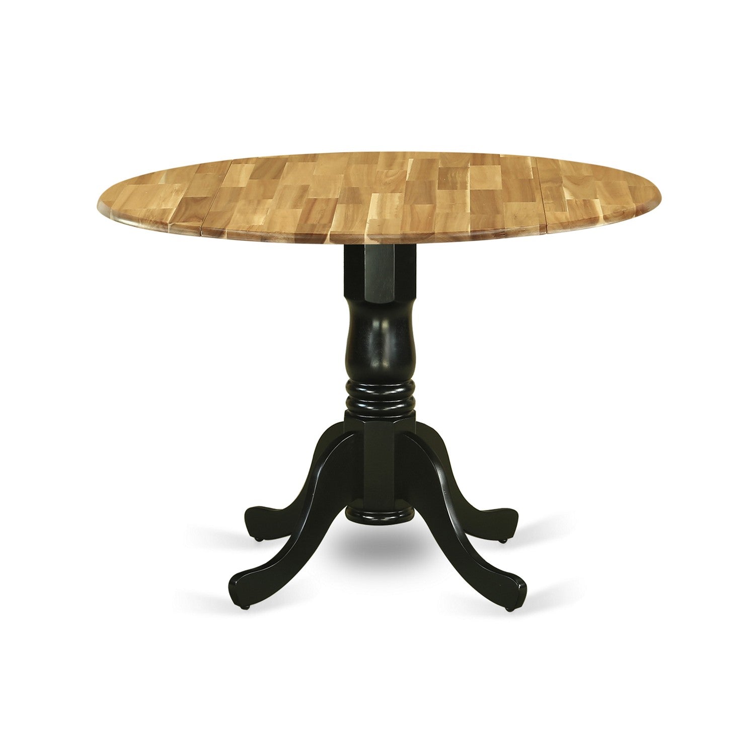 DMT-NBK-TP Dublin Dining Table Made of Acacia Wood offering Wood Texture with Two 9 Inch Drop Leaves, 42 Inch Round, Wirebrushed Black Pedestal