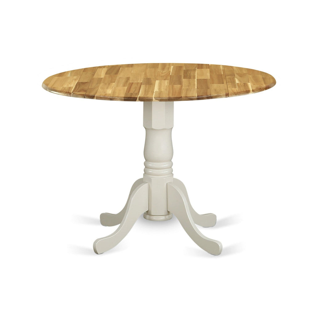 East West Furniture DMT-NLW-TP Dublin Modern Dining Table - a Round Kitchen Table Top with Dropleaf & Pedestal Base, 42x42 Inch, Natural & Linen White