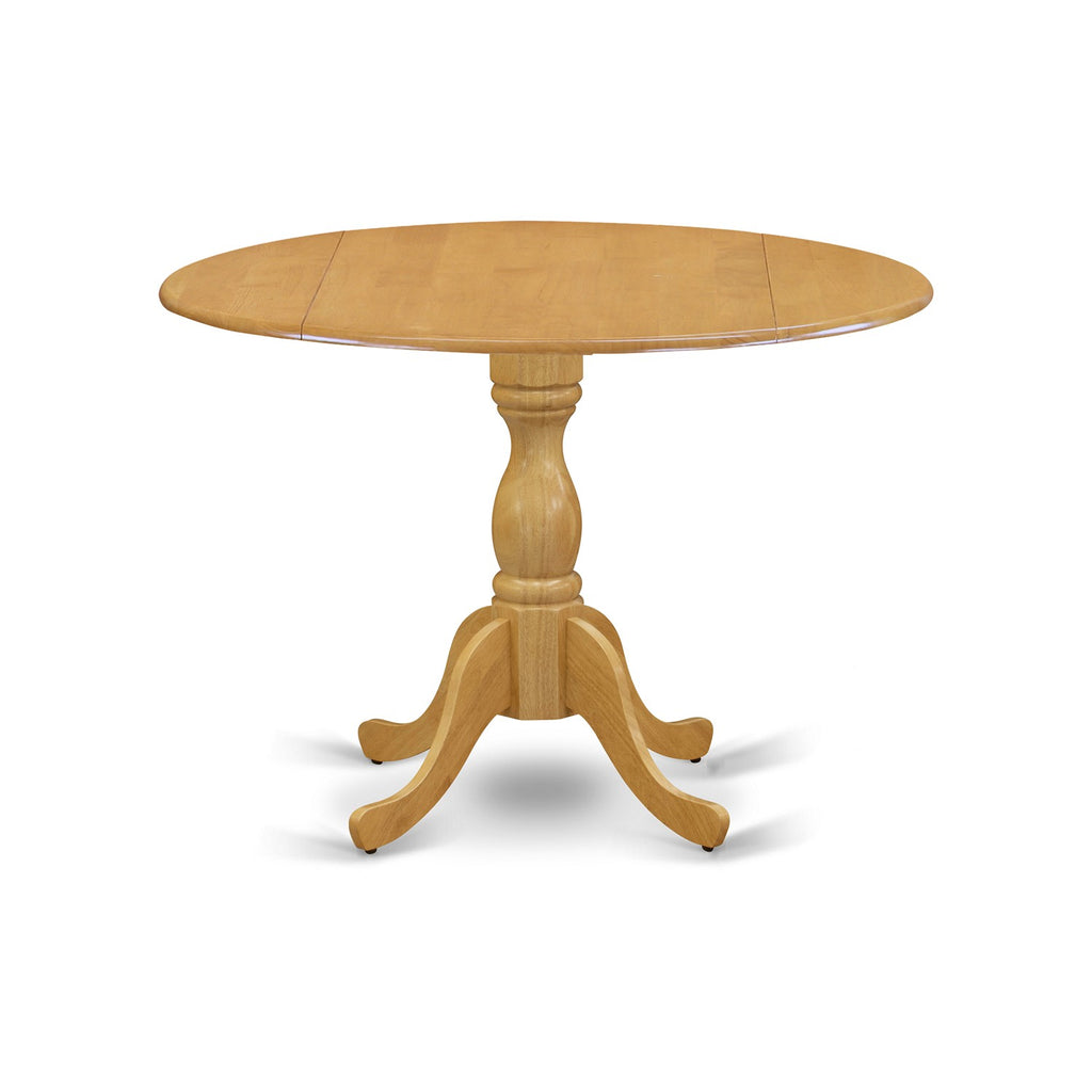 East West Furniture DMAB3-OAK-04 3 Piece Kitchen Table Set Contains a Round Dining Room Table with Dropleaf and 2 Light Tan Linen Fabric Parsons Dining Chairs
