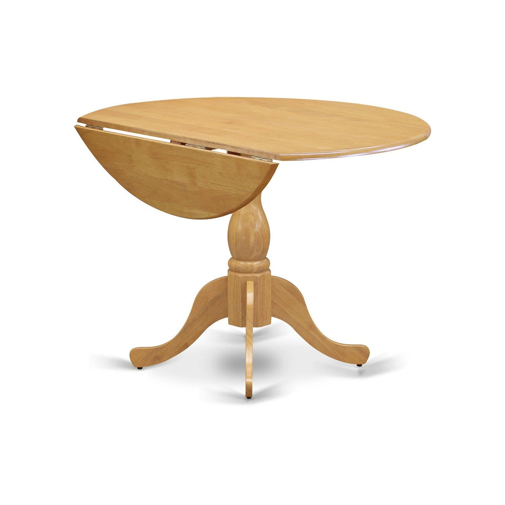 Juego de mesa y sillas de cocina de 3 piezas DMNF3-OAK-C de East West Furniture. Incluye una mesa de comedor redonda con alas abatibles y 2 sillas de comedor tapizadas en tela de lino.