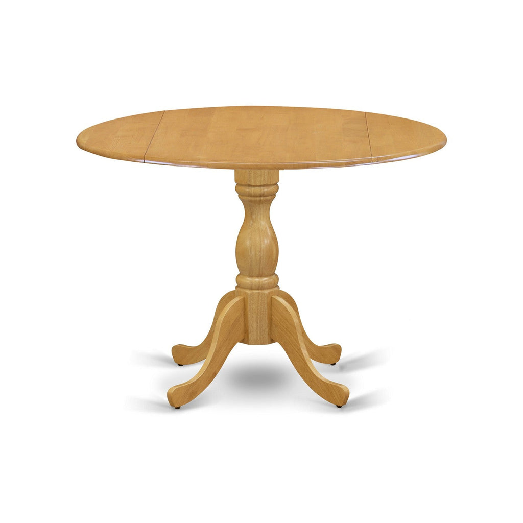 Juego de mesa y sillas de cocina de 3 piezas DMNF3-OAK-C de East West Furniture. Incluye una mesa de comedor redonda con alas abatibles y 2 sillas de comedor tapizadas en tela de lino.