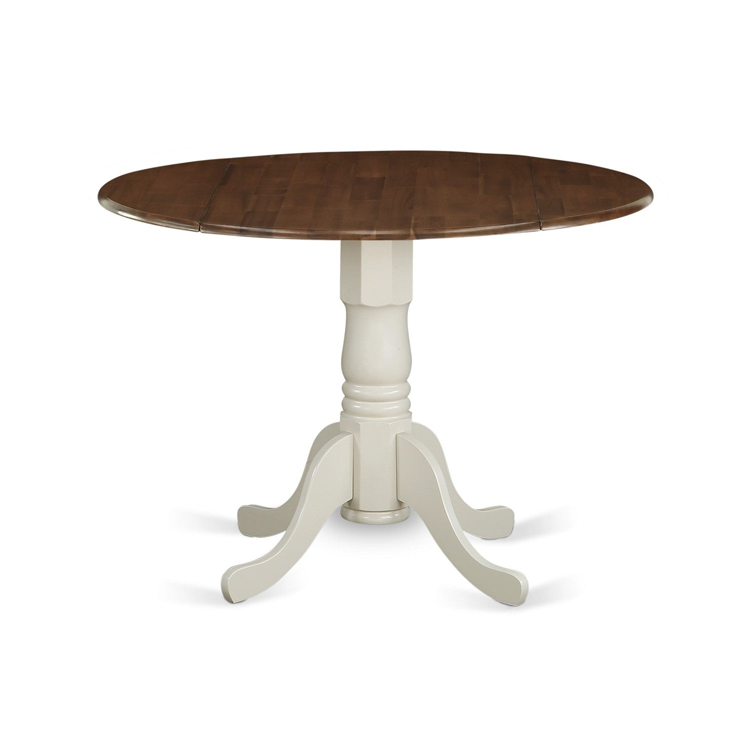 DMT-WLW-TP Dublin Dining Table Made of Rubber Wood offering Walnut Finish Table Top with Two 9 Inch Drop Leaves, 42 Inch Round, Linen White Pedestal