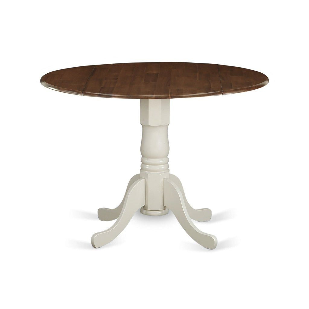 East West Furniture DMT-WLW-TP Dublin Modern Kitchen Table - a Round Dining Table Top with Dropleaf & Pedestal Base, 42x42 Inch, Walnut & Linen White