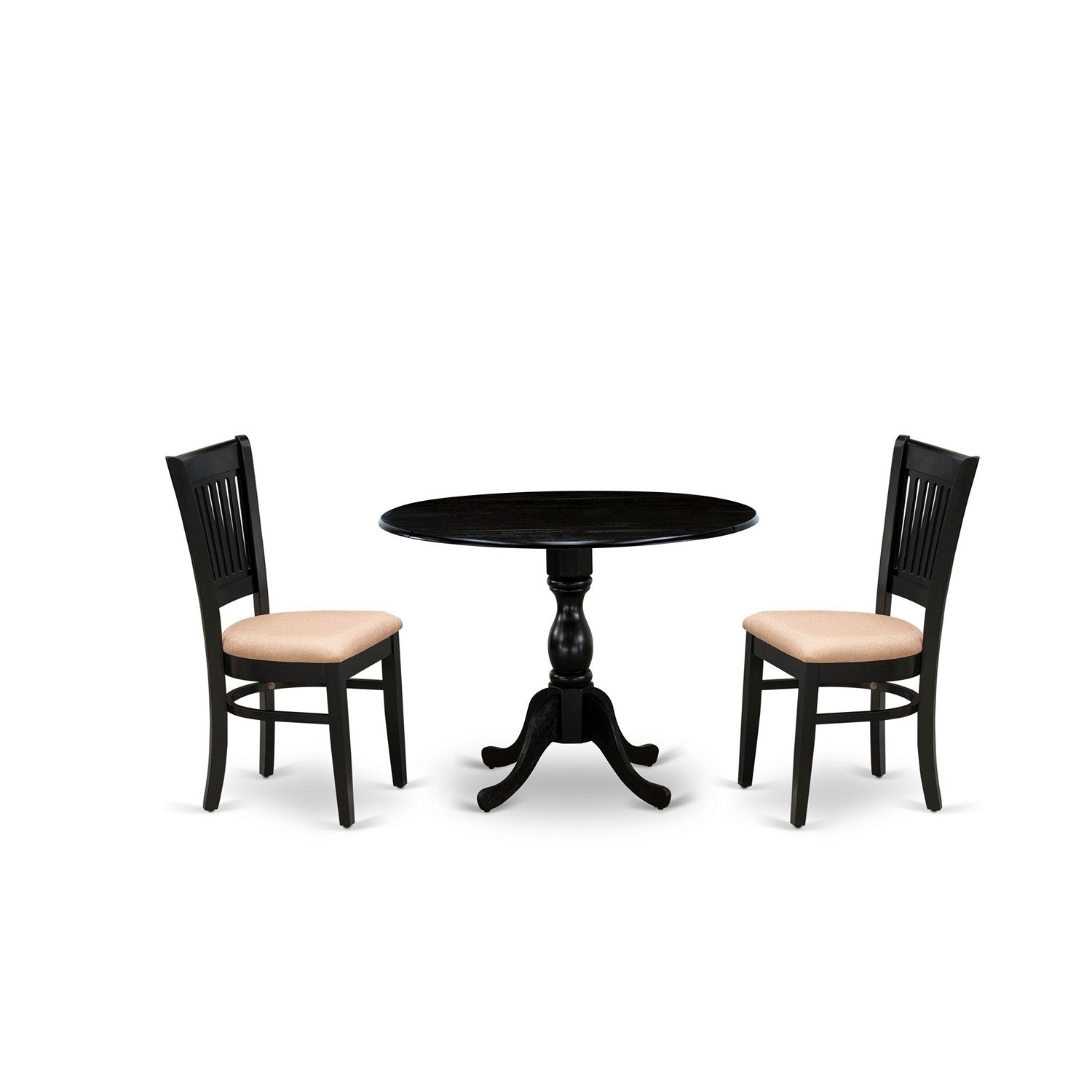 Juego de mesa y sillas de cocina de 3 piezas DMVA3-BLK-C de East West Furniture. Incluye una mesa de comedor redonda con alas abatibles y 2 sillas tapizadas en tela de lino.