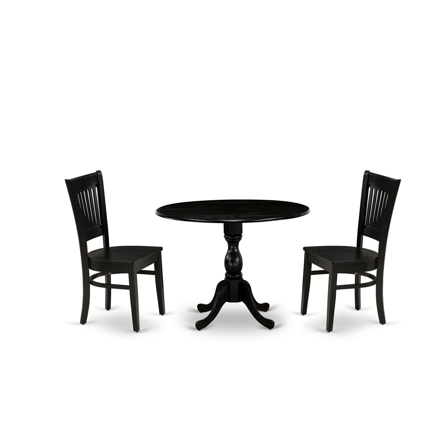 Juego de comedor de 3 piezas DMVA3-BLK-W de East West Furniture para espacios pequeños. Contiene una mesa de comedor redonda con alas abatibles y 2 sillas de comedor.