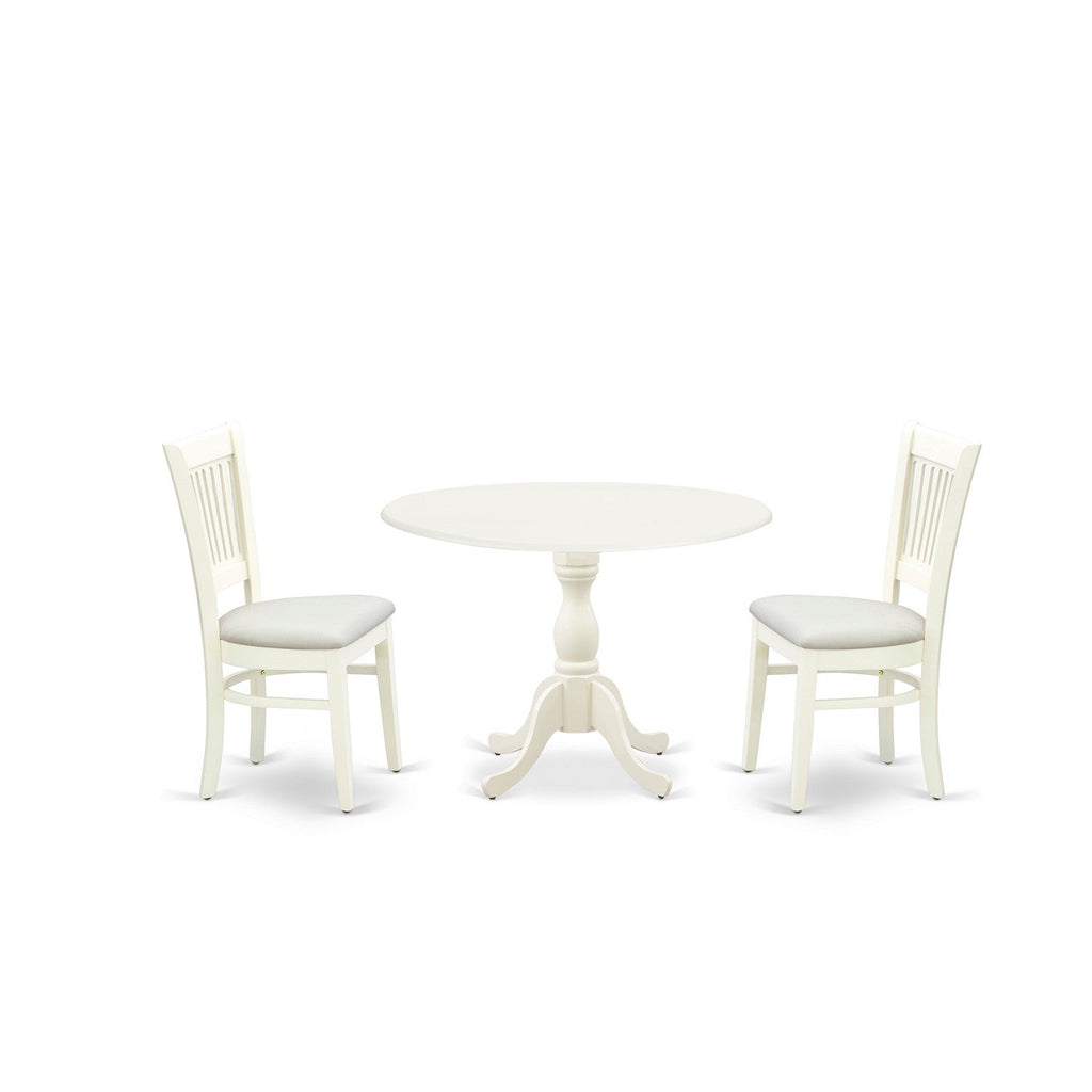 East West Furniture DMVA3-LWH-C 3 Piece Dining Table Set for Small Spaces Contains a Round Dining Room Table with Dropleaf and 2 Linen Fabric Upholstered Chairs, 42x42 Inch, Linen White