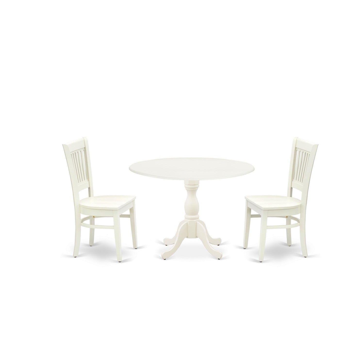 Juego de mesa y sillas de cocina de 3 piezas DMVA3-LWH-W de East West Furniture. Incluye una mesa de comedor redonda con alas abatibles y 2 sillas de comedor.