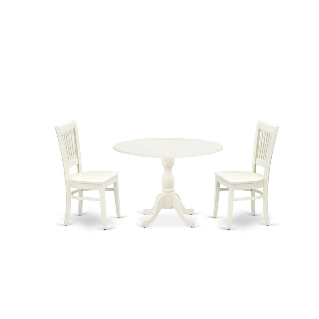 Juego de mesa y sillas de cocina de 3 piezas DMVA3-LWH-W de East West Furniture. Incluye una mesa de comedor redonda con alas abatibles y 2 sillas de comedor.