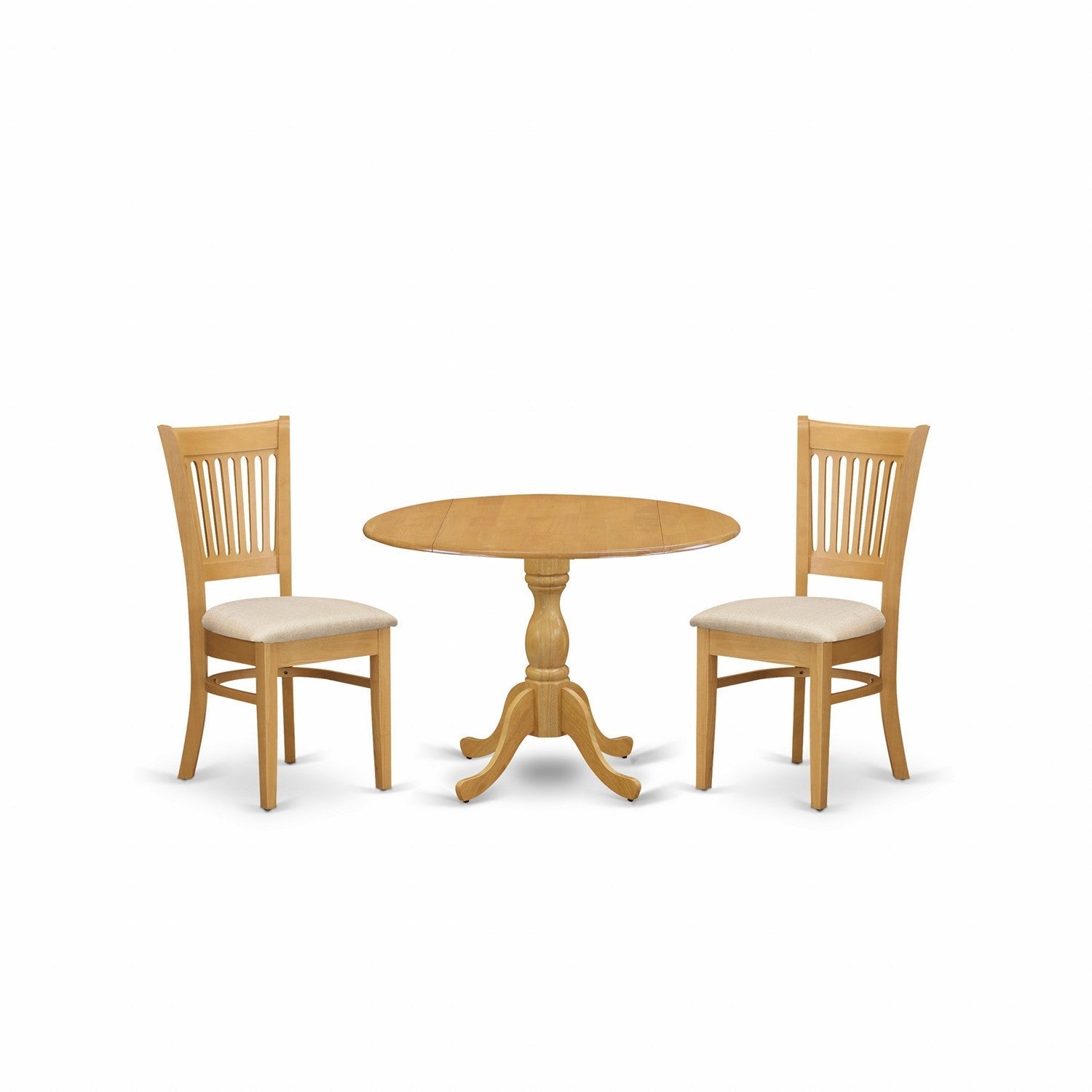East West Furniture DMVA3-OAK-C 3 Piece Kitchen Dining Table Set - Oak Breakfast Table and 2 Oak Linen Fabric Dining Chairs with Slatted Back - Oak Finish