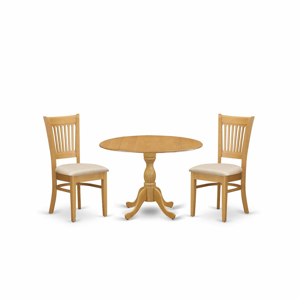 East West Furniture DMVA3-OAK-C 3 Piece Kitchen Table Set for Small Spaces Contains a Round Dining Table with Dropleaf and 2 Linen Fabric Dining Room Chairs