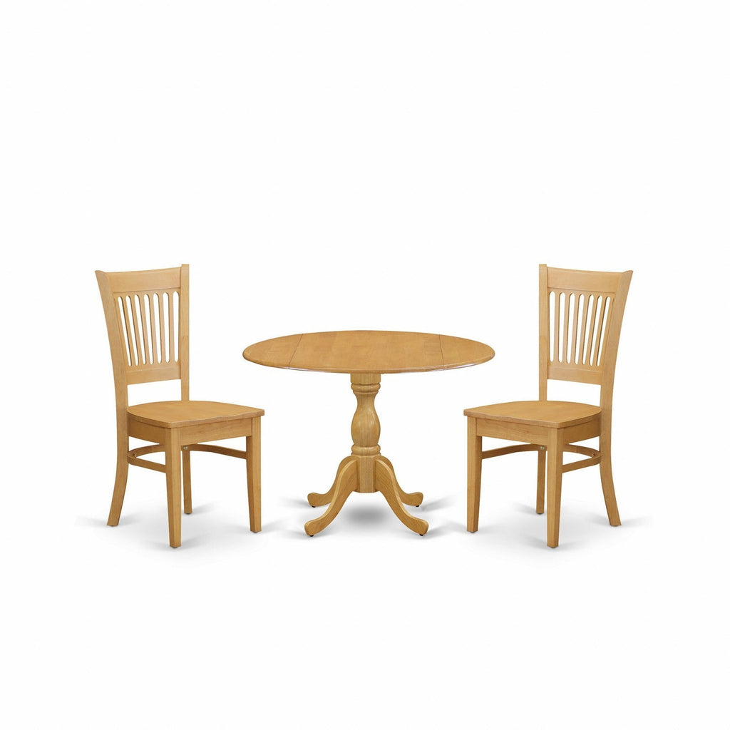 East West Furniture DMVA3-OAK-W 3 Piece Dinette Set for Small Spaces Contains a Round Dining Table with Dropleaf and 2 Dining Room Chairs