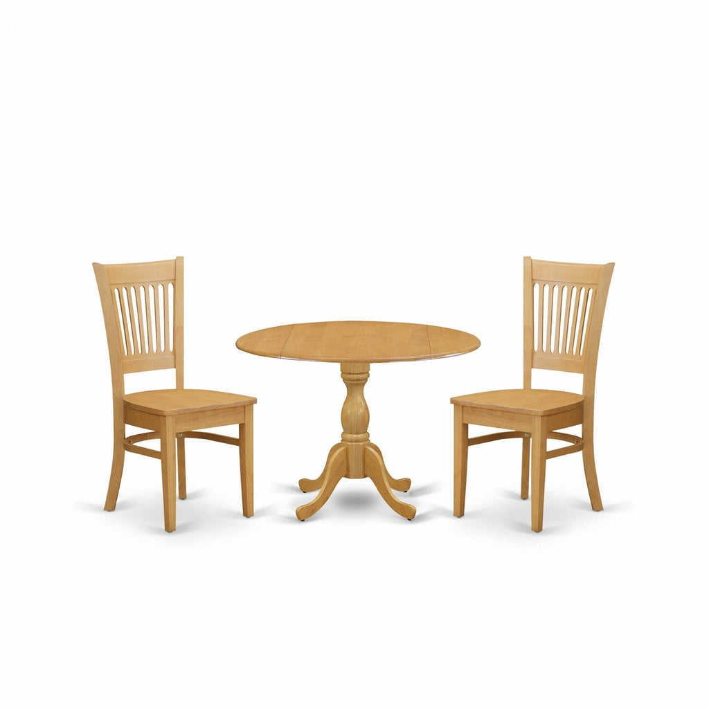 East West Furniture DMVA3-OAK-W 3 Piece Dinette Set for Small Spaces Contains a Round Dining Table with Dropleaf and 2 Dining Room Chairs, 42x42 Inch, Oak