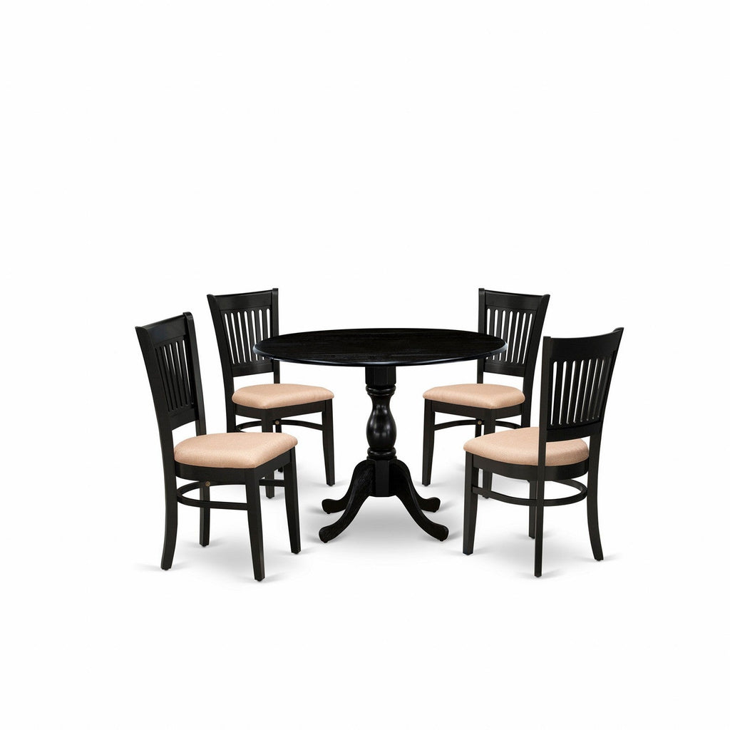 Juego de mesa y sillas de cocina de 5 piezas DMVA5-BLK-C de East West Furniture. Incluye una mesa de comedor redonda con alas abatibles y 4 sillas de comedor tapizadas en tela de lino.