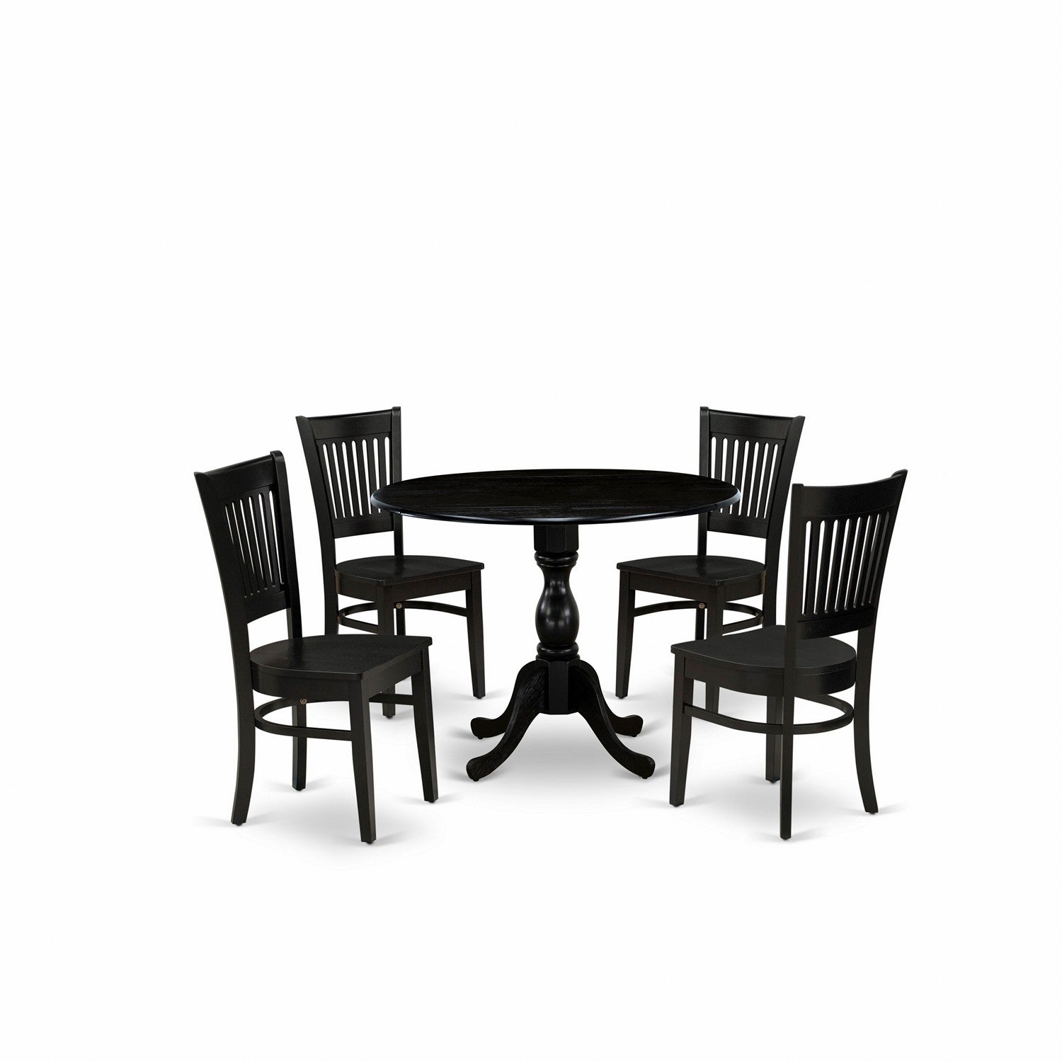 EAST WEST FURNITURE - DMVA5-BLK-W - 5-Piece Kitchen Dining Set- 4 Wooden Chair with Wooden Seat and Slatted Chair Back - Dropleafs Round Dining Table (Black Finish)