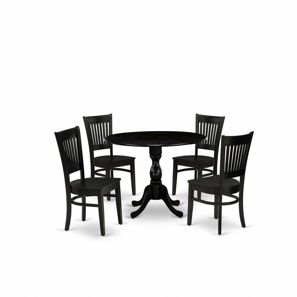 East West Furniture DMVA5-BLK-W 5 Piece Dinette Set for 4 Includes a Round Dining Room Table with Dropleaf and 4 Dining Chairs, 42x42 Inch, Black