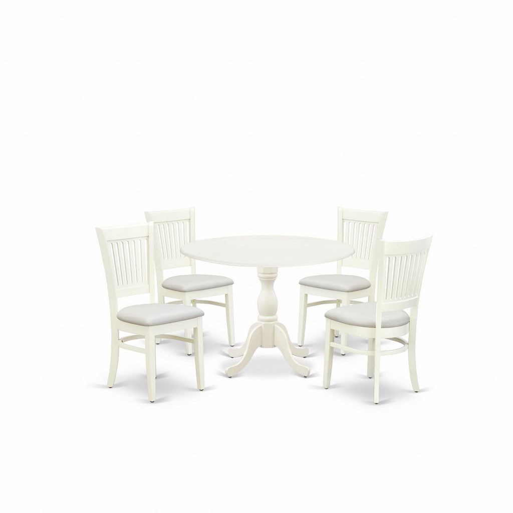 East West Furniture DMVA5-LWH-C 5 Piece Kitchen Table Set for 4 Includes a Round Dining Room Table with Dropleaf and 4 Linen Fabric Upholstered Dining Chairs