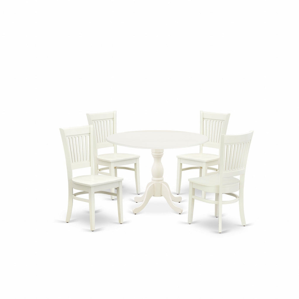 El juego de mesa de comedor moderno de 5 piezas DMVA5-LWH-W de East West Furniture incluye una mesa redonda de madera con alas abatibles y 4 sillas de comedor de cocina.
