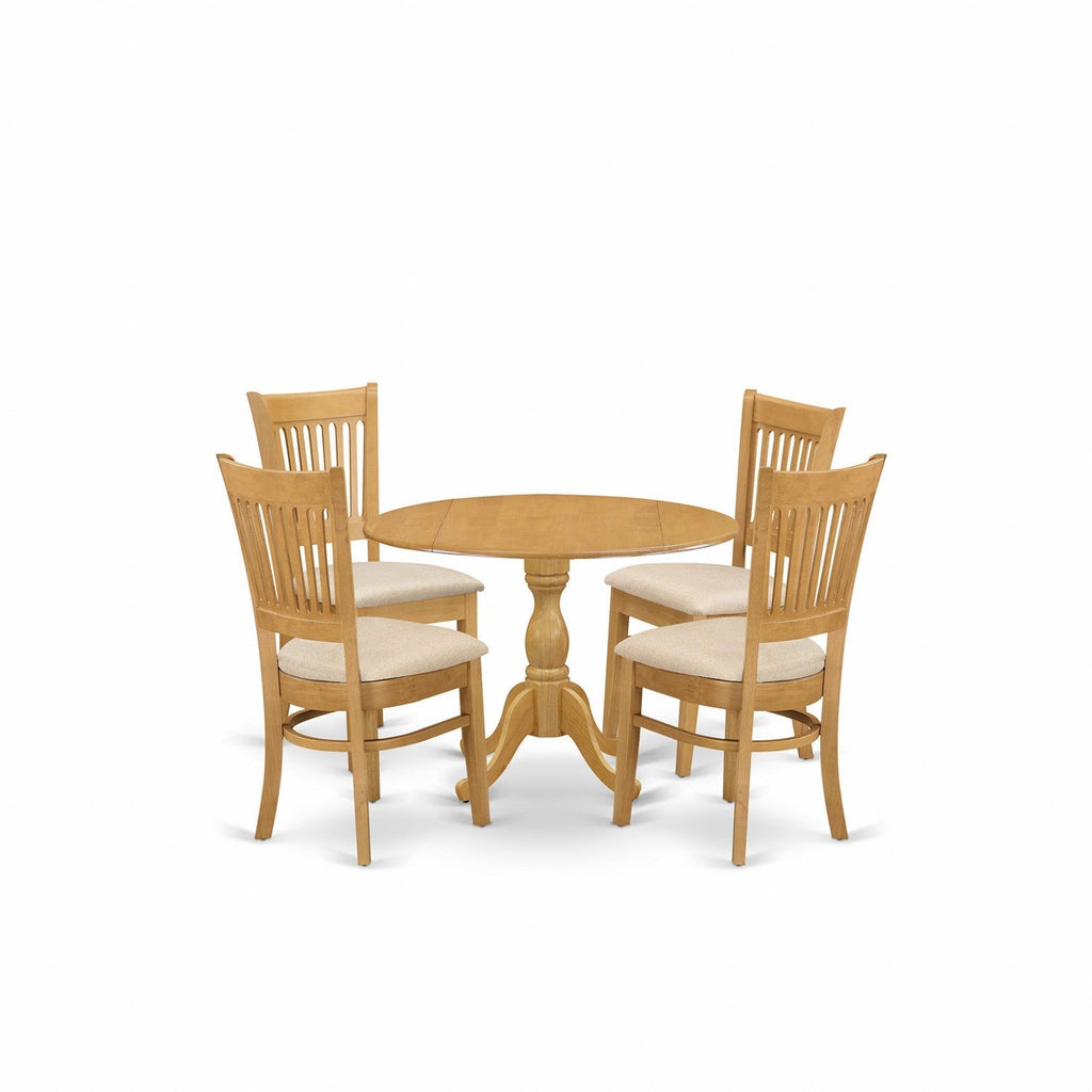 East West Furniture DMVA5-OAK-C 5 Piece Kitchen Table Set for 4 Includes a Round Dining Room Table with Dropleaf and 4 Linen Fabric Upholstered Dining Chairs
