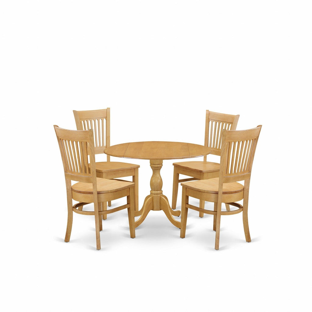 El juego de mesa de comedor moderno de 5 piezas DMVA5-OAK-W de East West Furniture incluye una mesa redonda de madera con alas abatibles y 4 sillas de comedor de cocina.