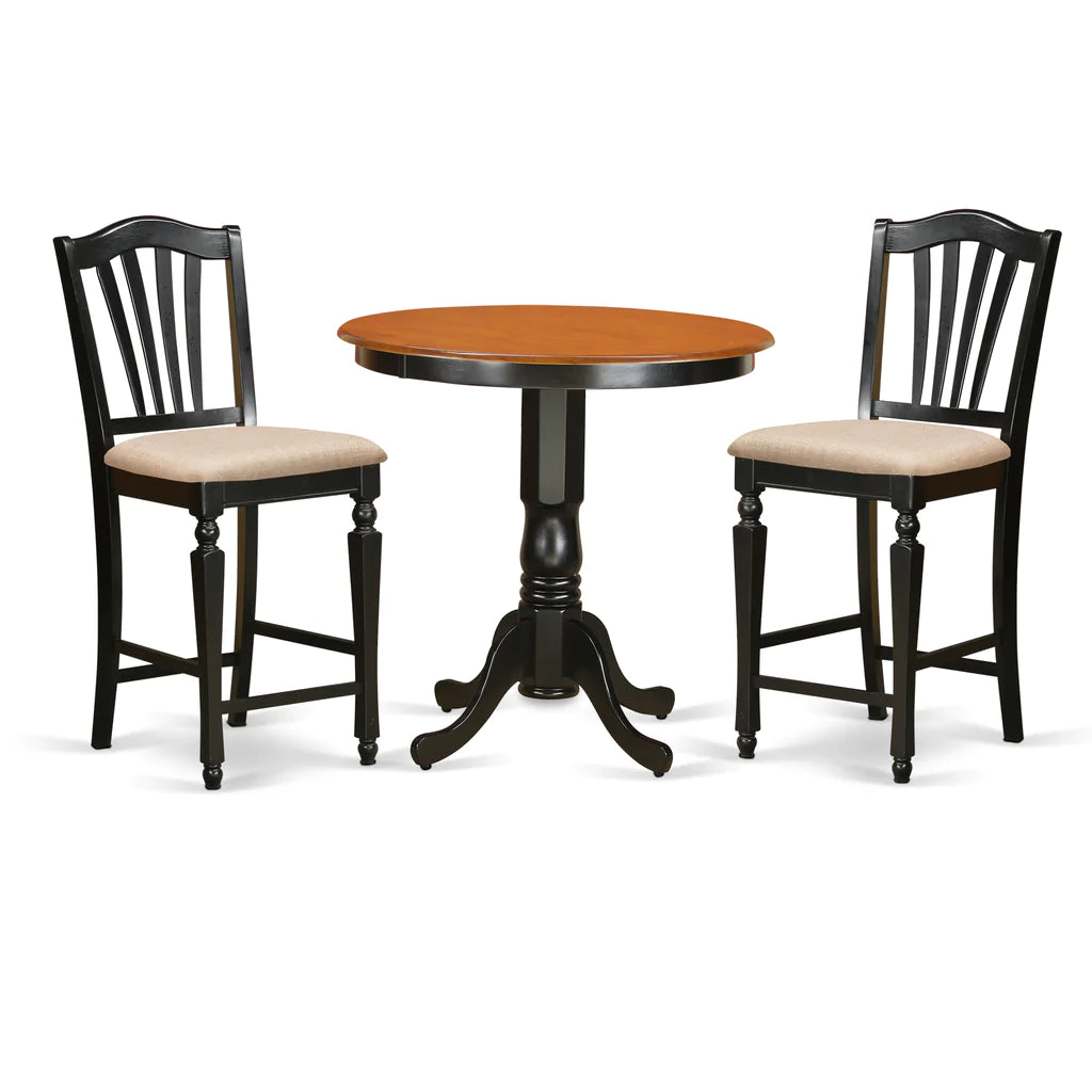 East West Furniture JACH3-BLK-C 3 Piece Counter Height Dining Table Set Contains a Round Wooden Table with Pedestal and 2 Linen Fabric Kitchen Dining Chairs, 36x36 Inch, Black & Cherry