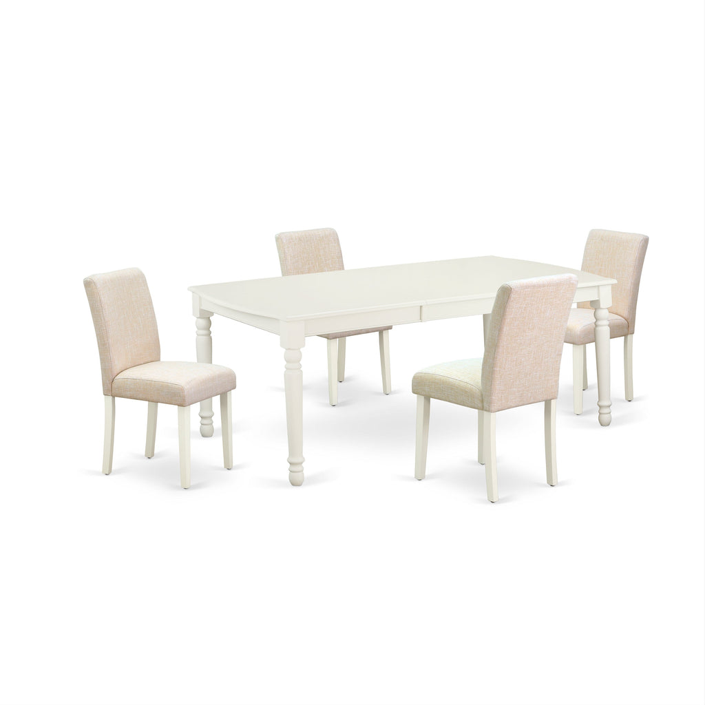 Juego de mesa de comedor de 5 piezas East West Furniture DOAB5-LWH-02 para 4 personas. Incluye una mesa de cocina rectangular con diseño de hojas de mariposa y 4 sillas Parson de tela de lino beige claro.