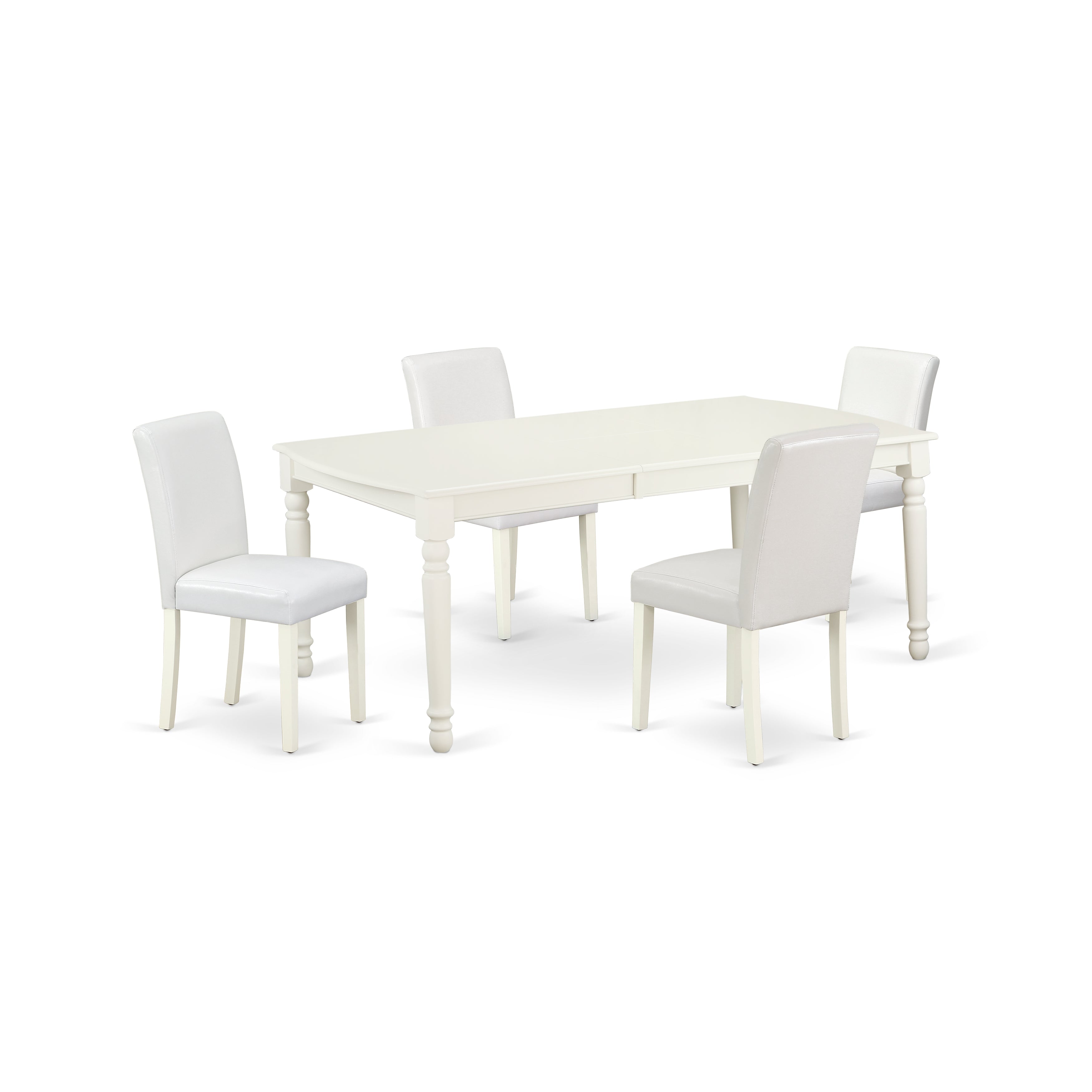 Juego de mesa de comedor moderna de 5 piezas East West Furniture DOAB5-LWH-64. Incluye una mesa rectangular de madera con diseño de hojas de mariposa y 4 sillas de comedor Parsons de piel sintética blanca.