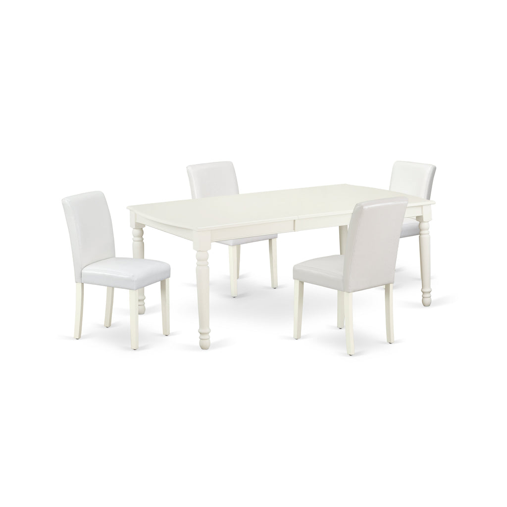 Juego de mesa de comedor moderna de 5 piezas East West Furniture DOAB5-LWH-64. Incluye una mesa rectangular de madera con diseño de hojas de mariposa y 4 sillas de comedor Parsons de piel sintética blanca.