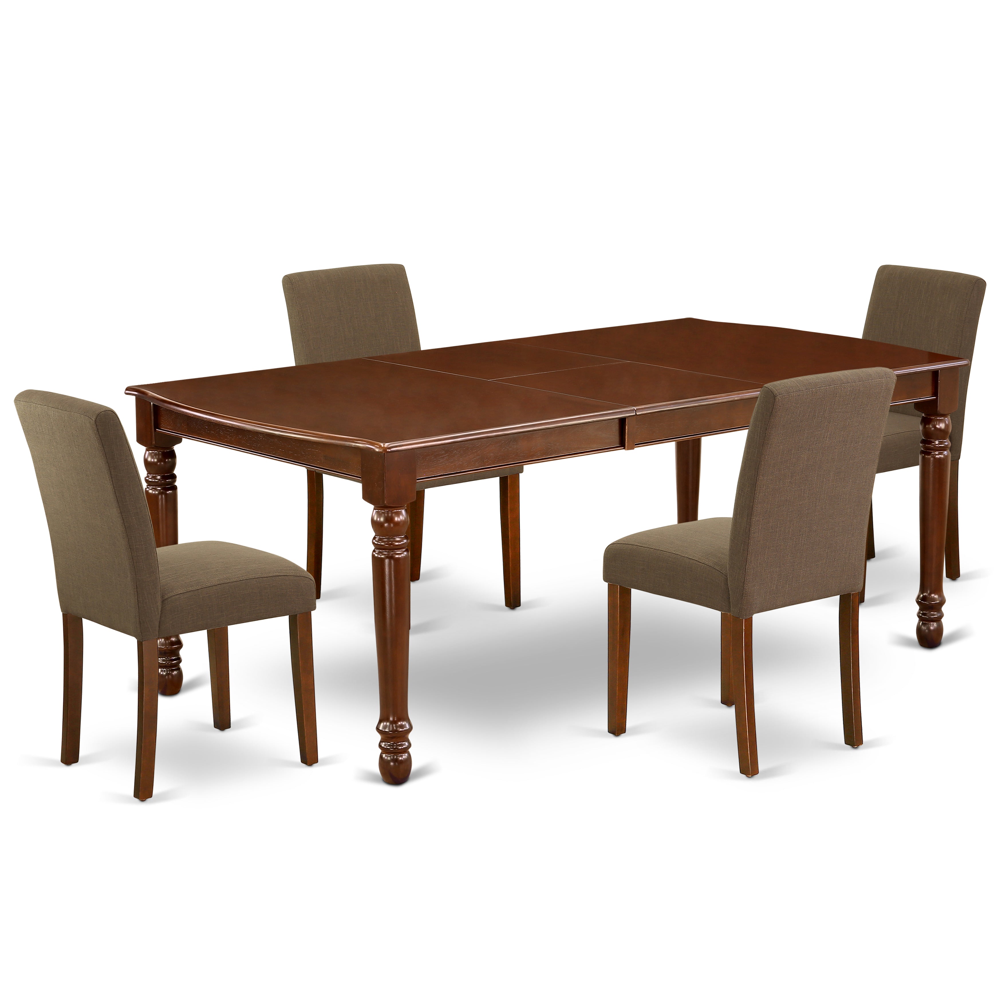 Juego de comedor de 5 piezas East West Furniture DOAB5-MAH-18. Incluye una mesa de comedor rectangular con diseño de hojas de mariposa y 4 sillas Parson tapizadas en tela de lino color café.
