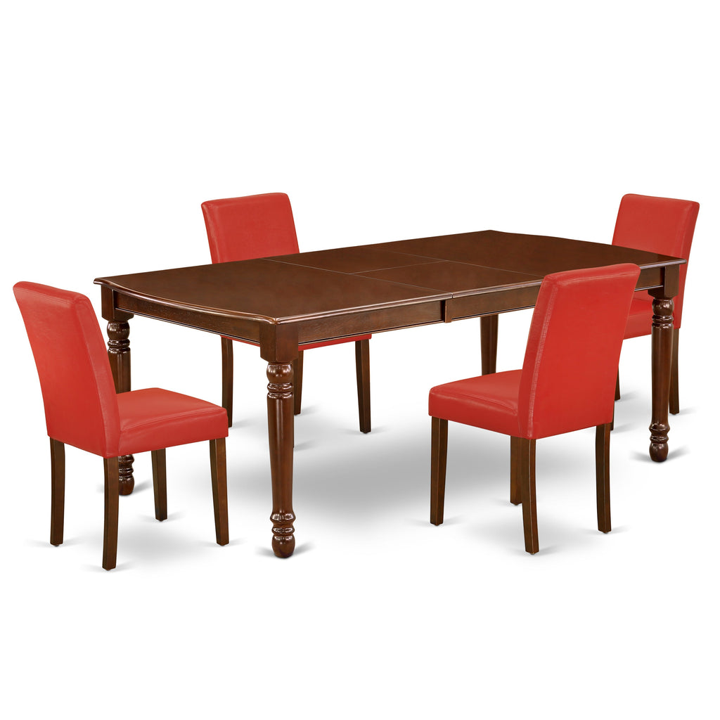 East West Furniture DOAB5-MAH-72 5 Piece Kitchen Table Set for 4 Includes a Rectangle Butterfly Leaf Dining Table and 4 Firebrick Red Faux Leather Parsons Chairs