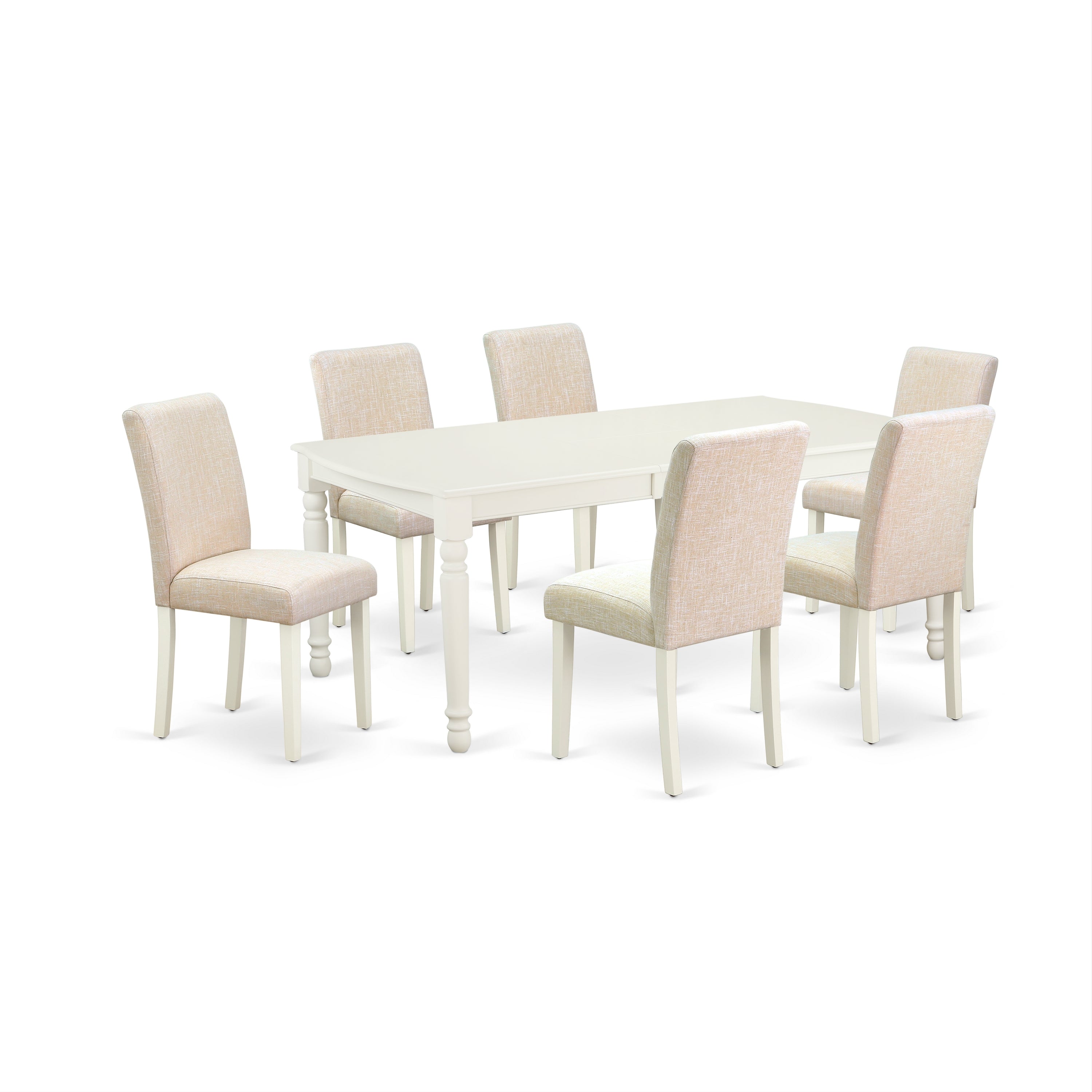 Juego de comedor de 7 piezas East West Furniture DOAB7-LWH-02 compuesto por una mesa rectangular de madera con diseño de hojas de mariposa y 6 sillas de comedor Parson de tela de lino beige claro.