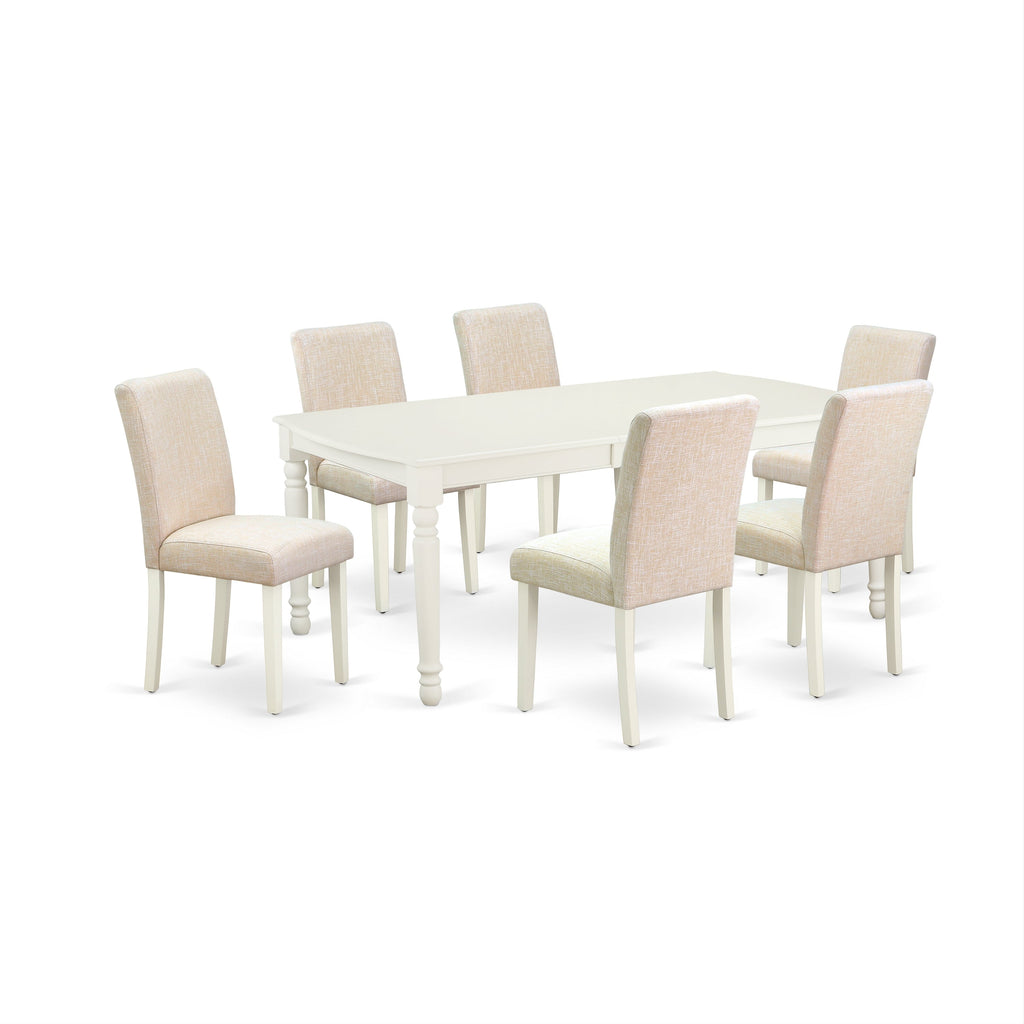 East West Furniture DOAB7-LWH-02 7 Piece Dining Room Set Consist of a Rectangle Wooden Table with Butterfly Leaf and 6 Light Beige Linen Fabric Parson Dining Chairs
