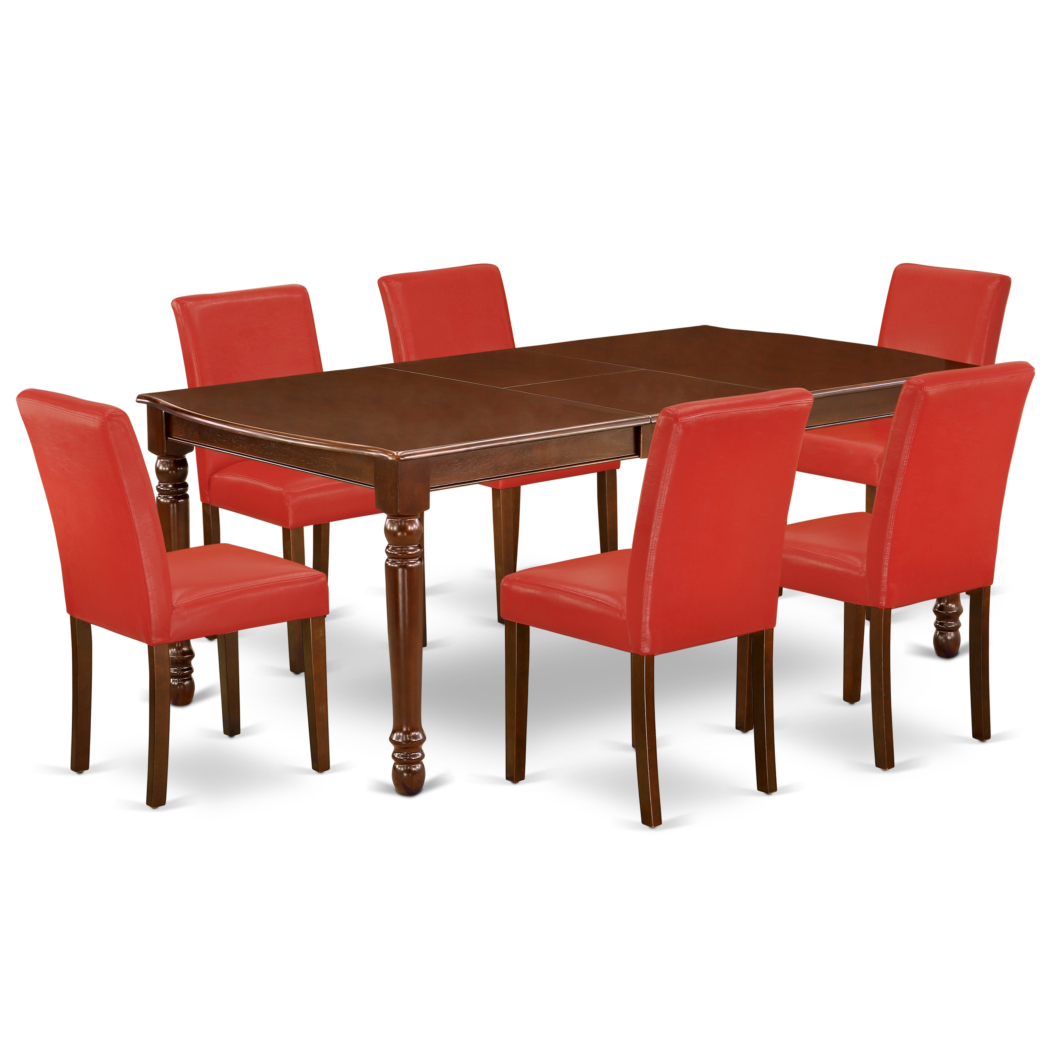 DOAB7-MAH-72 7Pc Rectangle 60/78 Inch Table With 18 In Leaf And 6 Parson Chair With Mahogany Leg And Pu Leather Color Firebrick Red