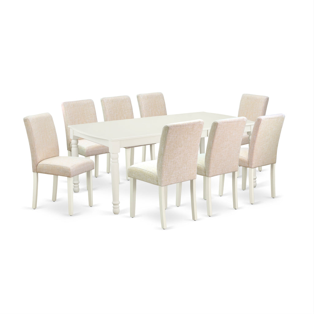 East West Furniture DOAB9-LWH-02 9 Piece Dining Table Set Includes a Rectangle Dining Room Table with Butterfly Leaf and 8 Light Beige Linen Fabric Parsons Chairs