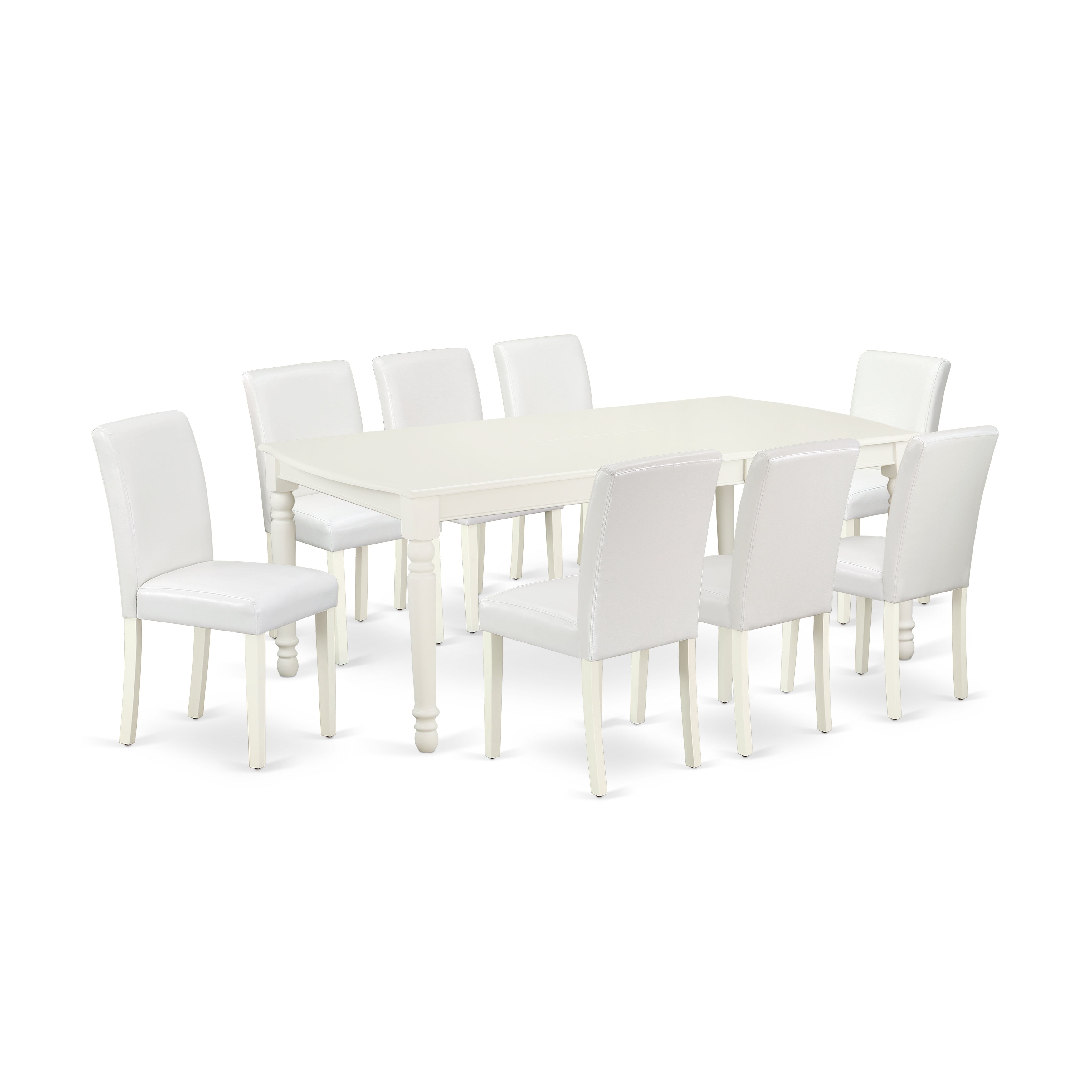 Juego de comedor East West Furniture DOAB9-LWH-64 de 9 piezas. Incluye una mesa de cocina rectangular con diseño de hojas de mariposa y 8 sillas de comedor Parsons de piel sintética blanca.