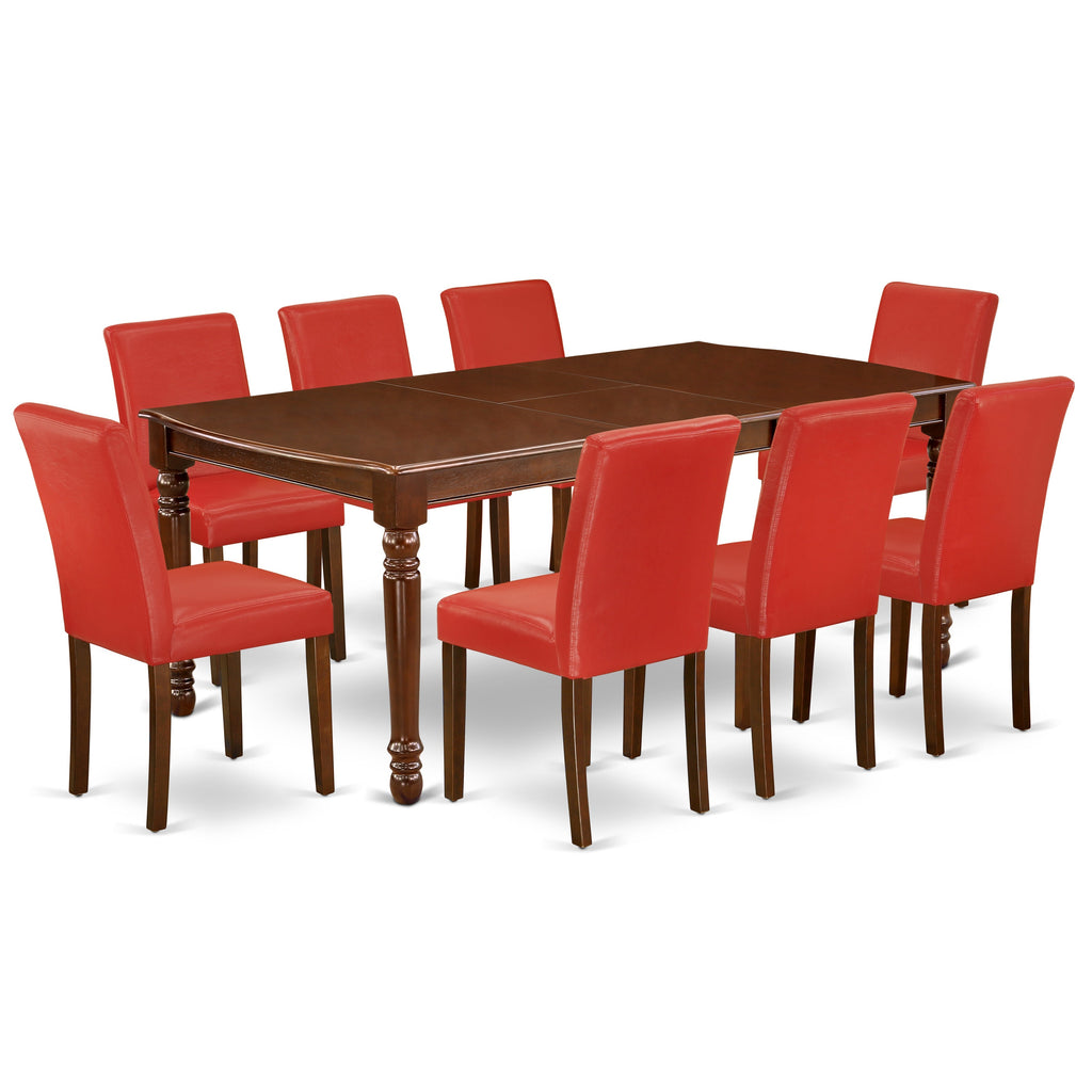 Juego de comedor de 9 piezas East West Furniture DOAB9-MAH-72. Incluye una mesa de comedor rectangular con diseño de hojas de mariposa y 8 sillas tapizadas en piel sintética color rojo ladrillo refractario.
