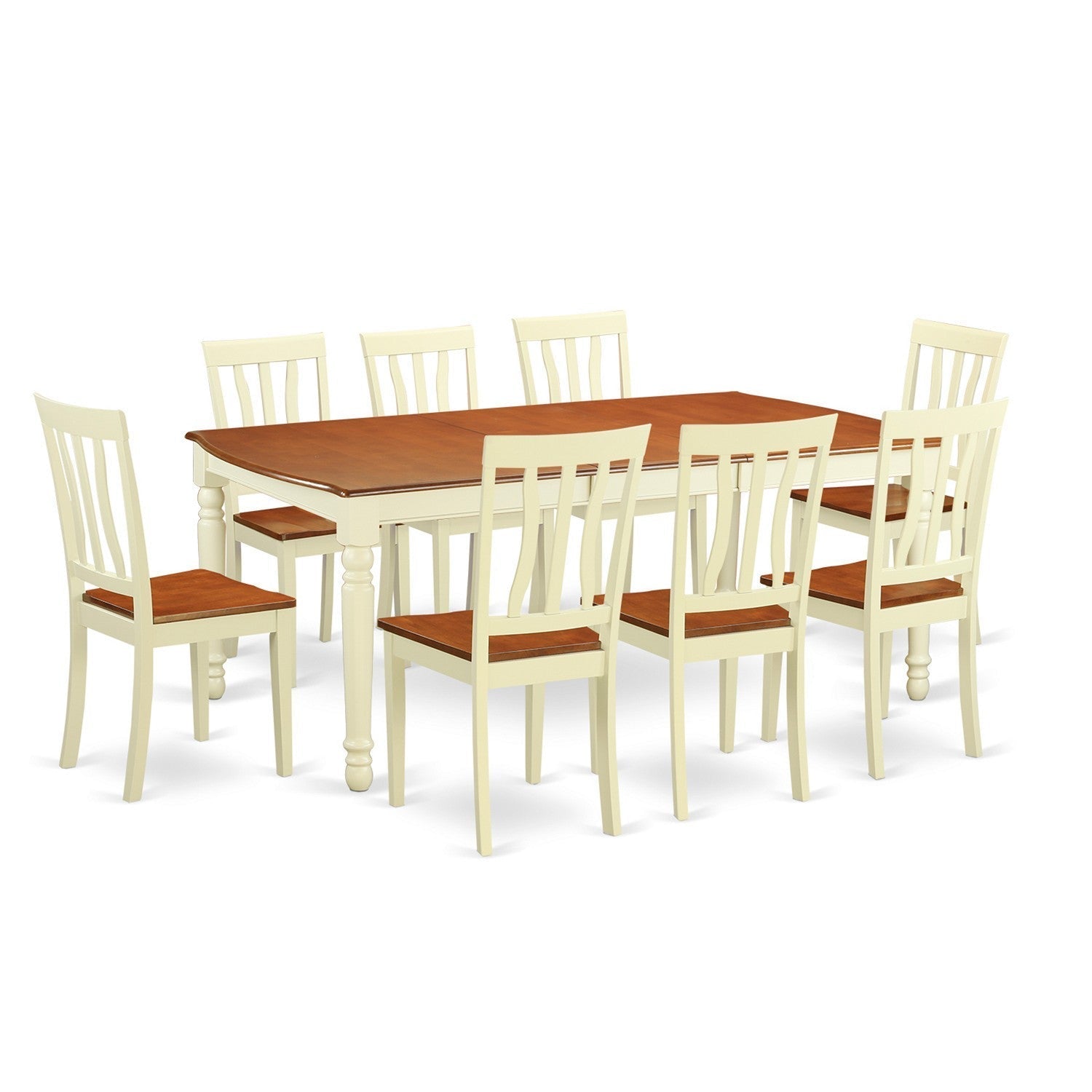 Juego de mesa y sillas de cocina de 9 piezas DOAN9-WHI-W de East West Furniture. Incluye una mesa de comedor rectangular con hojas de mariposa y 8 sillas con asiento de madera maciza.